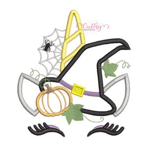 Halloween unicorn applique design for machine embroidery with witch hat and pum