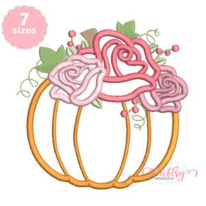 Pumpkin with Roses applique embroidery design featuring three floral roses, leaves and vines, available in seven sizes