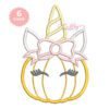 Embroidery software stitch simulation of unicorn pumpkin appliqué with gold pumpkin outlines, closed eyelash eyes, white ears, a pink bow, and a yellow spiral horn.