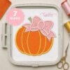 Pumpkin with bow applique embroidery design stitched inside a plastic machine embroidery hoop