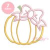 Pumpkin with bow applique embroidery design stitch preview with gold pumpkin outline, pink bow and sage green stem