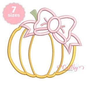 Pumpkin with bow applique embroidery design stitch preview with gold pumpkin outline, pink bow and sage green stem