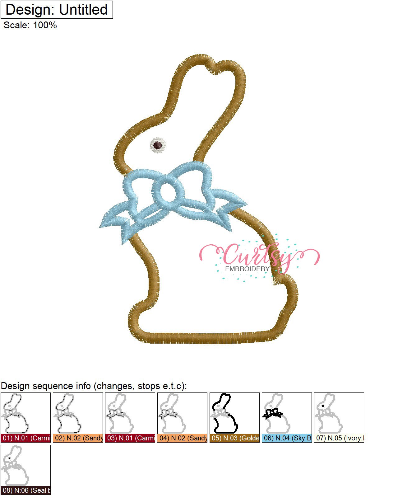 Chocolate Easter Bunny with Bow Applique Design Stitch Map