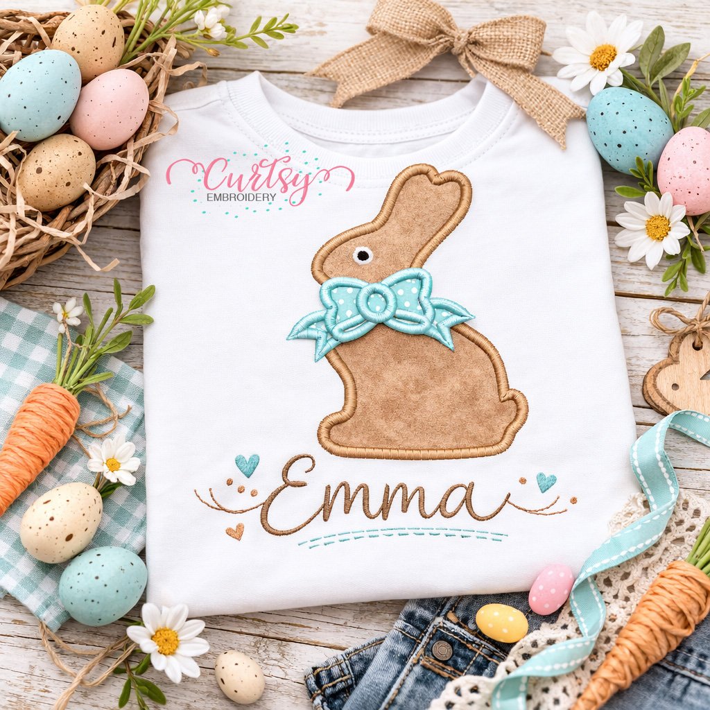 Chocolate Easter Bunny with Bow Applique Design logo 2
