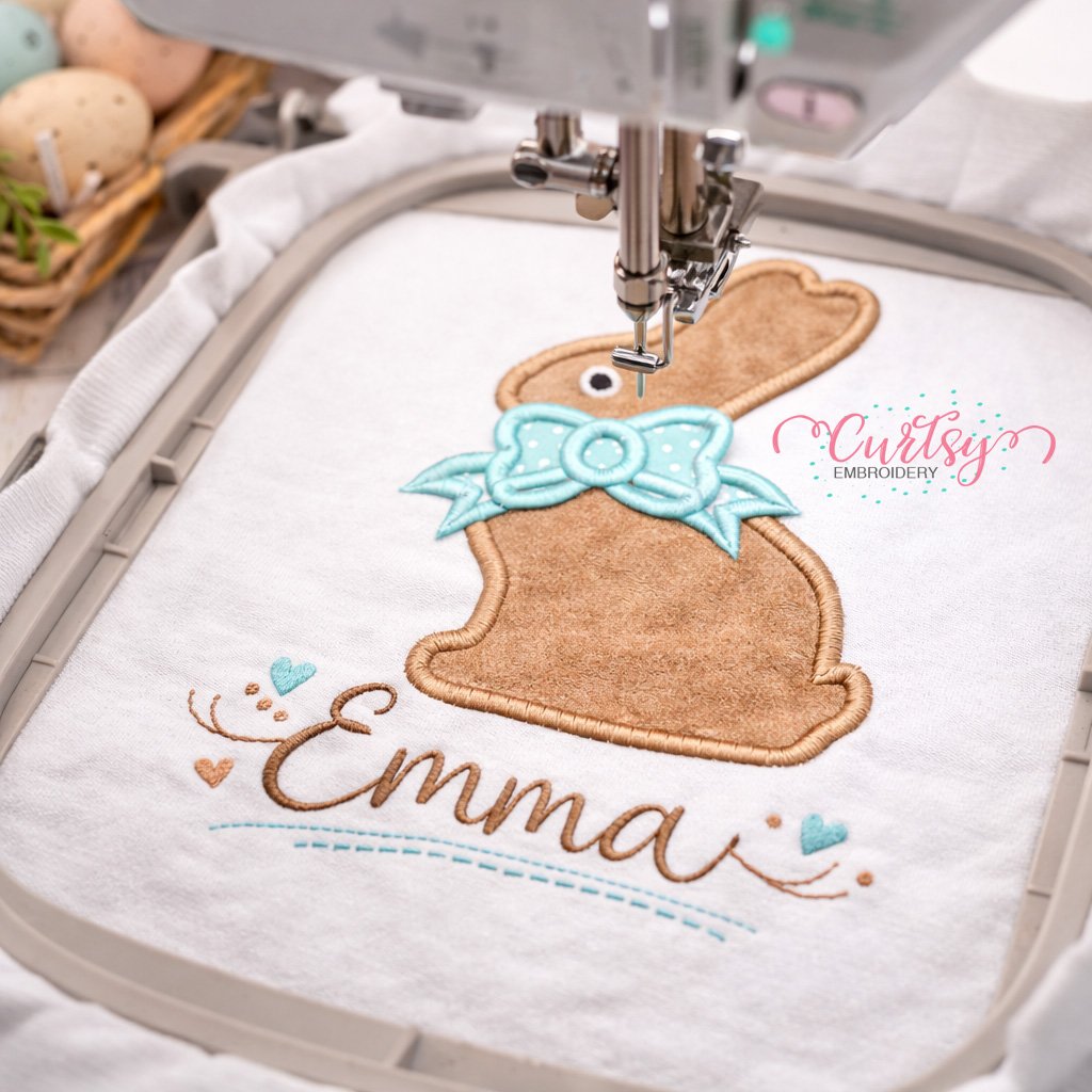 Chocolate Easter Bunny with Bow Applique Design logo 3