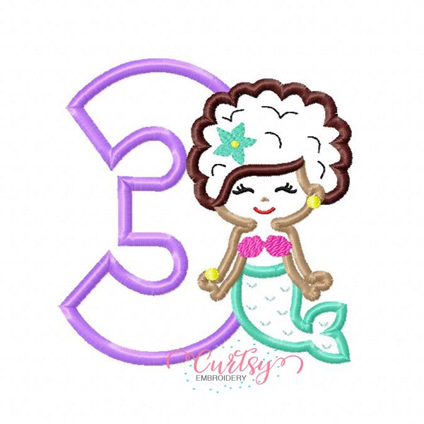 3rd Birthday Mermaid Afro Applique Design 3rd Birthday Mermaid Afro Applique Design