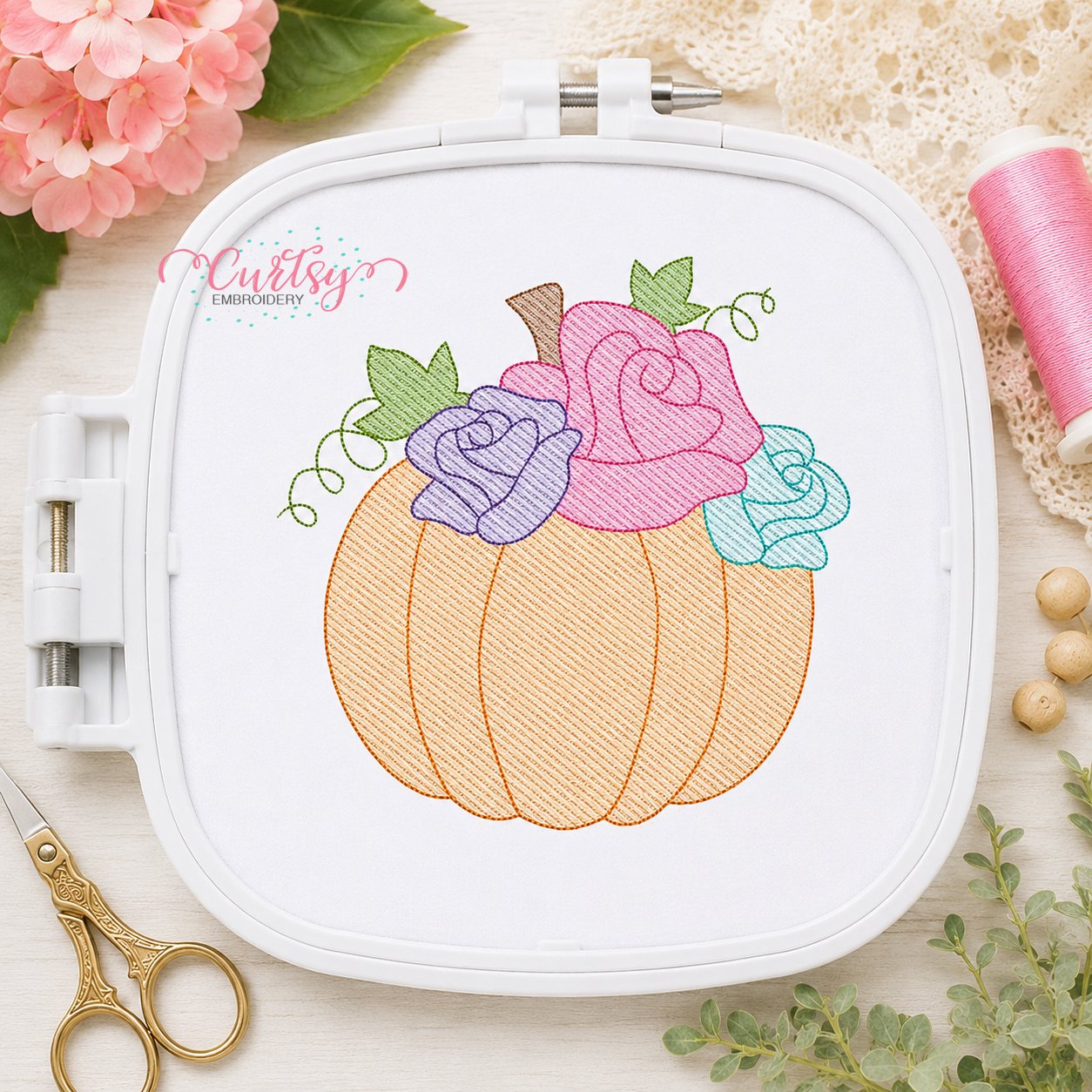 Sketch Pumpkin with Flowers Embroidery Design _ Logo 3