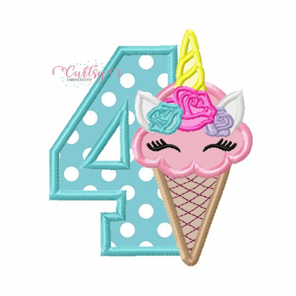 4th Birthday Unicorn Ice Cream Cone Embroidery Design 4th Birthday Unicorn Ice Cream Cone Embroidery Design