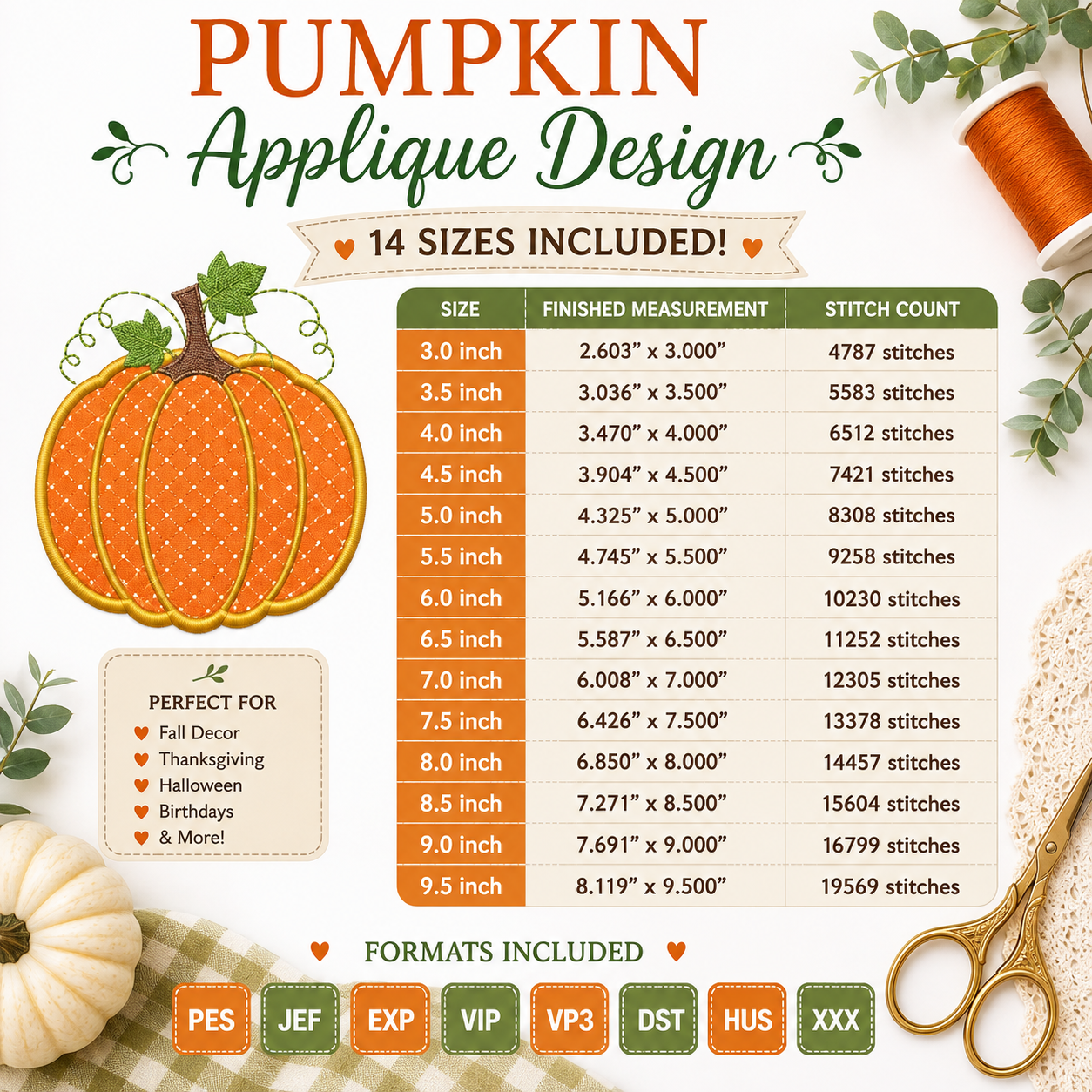 Pumpkin applique embroidery design size chart with 14 sizes