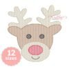 Reindeer face machine embroidery design with cream antlers, brown head, dark eyes, cream muzzle, red nose, and stitched smile on a plain background.
