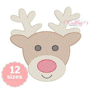 Reindeer face machine embroidery design with cream antlers, brown head, dark eyes, cream muzzle, red nose, and stitched smile on a plain background.