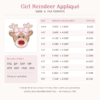 Girl reindeer face applique embroidery design chart showing 10 sizes and included file formats