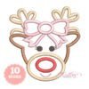 Girl reindeer face applique embroidery design with antlers, pink bow, and red nose outline on a white background