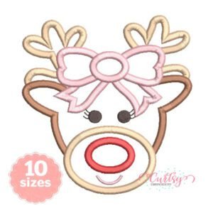 Girl reindeer face applique embroidery design with antlers, pink bow, and red nose outline on a white background