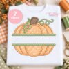 Split pumpkin monogram applique embroidery design on folded white shirt