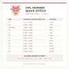 Girl reindeer design beside a chart of 12 finished sizes from 2.737 × 3.000 to 7.299 × 8.000 inches, plus PES, JEF, EXP, VIP, VP3, DST, HUS, and XXX formats.