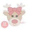 Girl reindeer machine embroidery design with cream antlers, a pink bow, tan face, eyelashes, cream muzzle, pink nose, and a small smile on a plain white background.