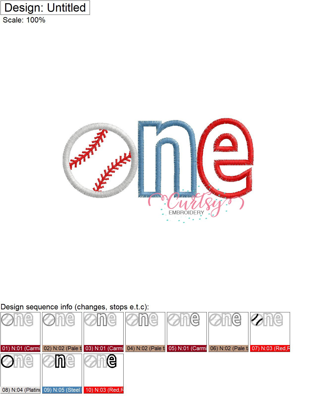 ONE Baseball Applique Stitch Map