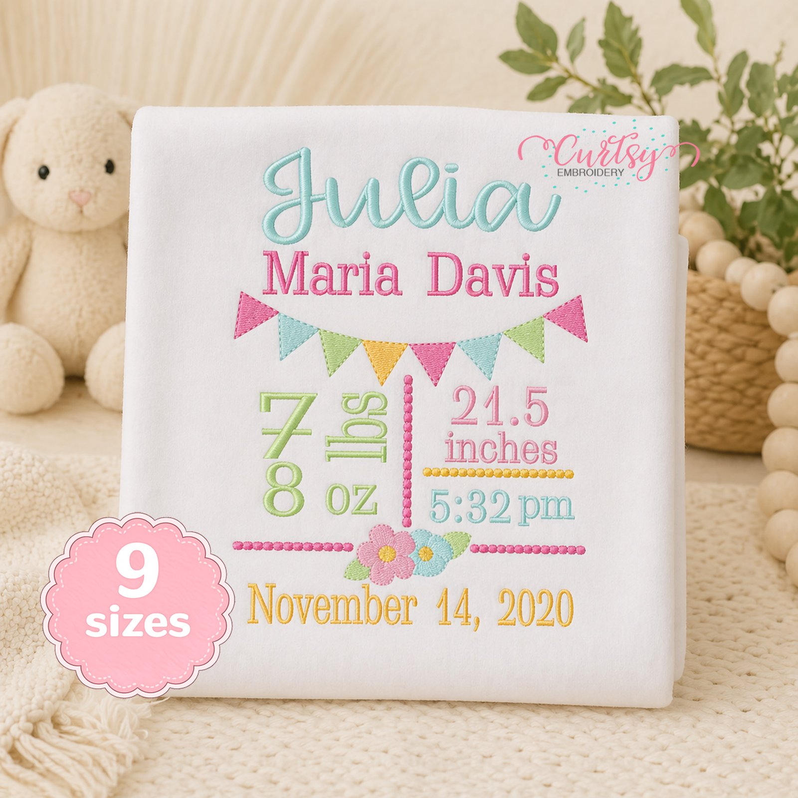 Flower Birth Announcement Block Embroidery Design _ Etsy 2000
