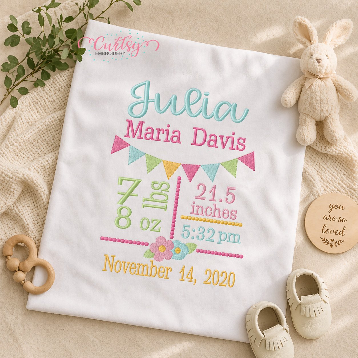 Flower Birth Announcement Block Embroidery Design _ Logo 1