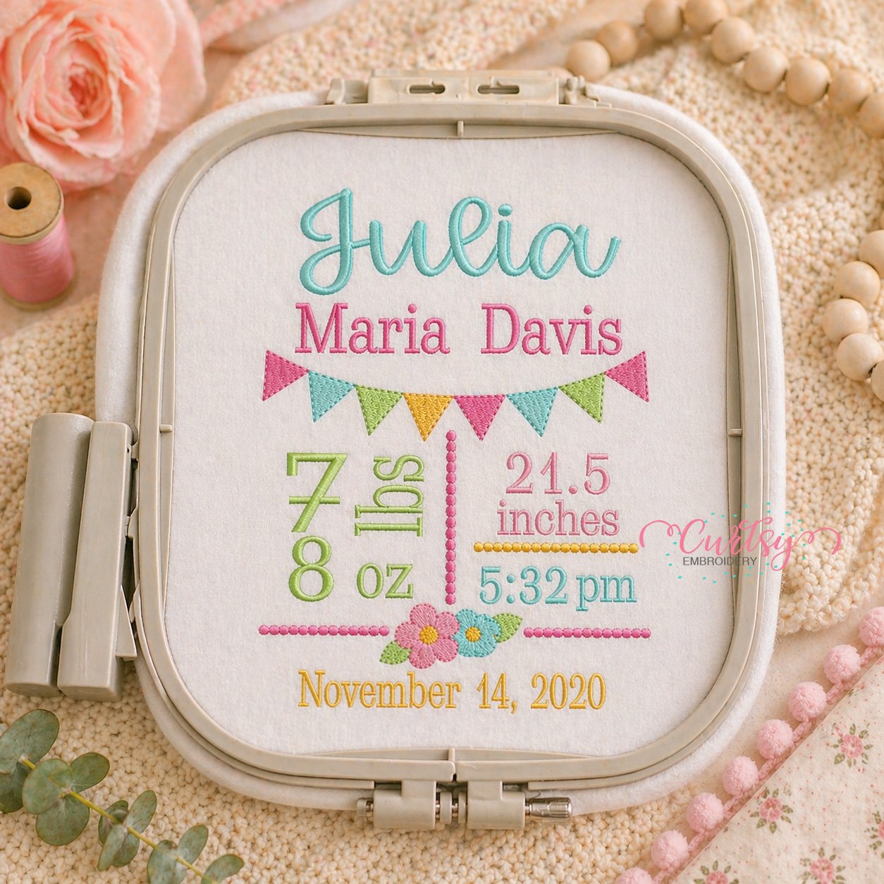 Flower Birth Announcement Block Embroidery Design _ Logo 3