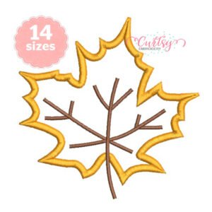 Fall Leaf Applique Embroidery Design with gingham fabric and golden satin stitching
