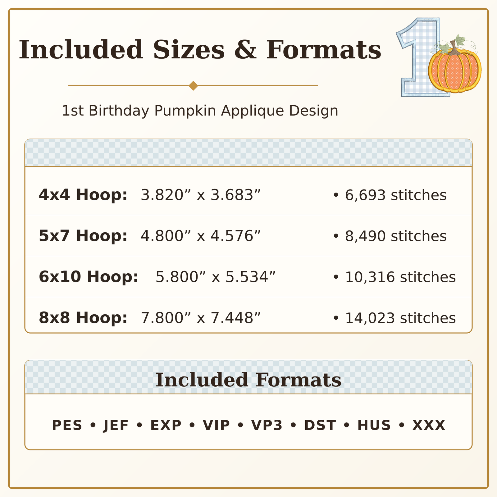 First birthday pumpkin applique embroidery design available in four hoop sizes and eight file formats