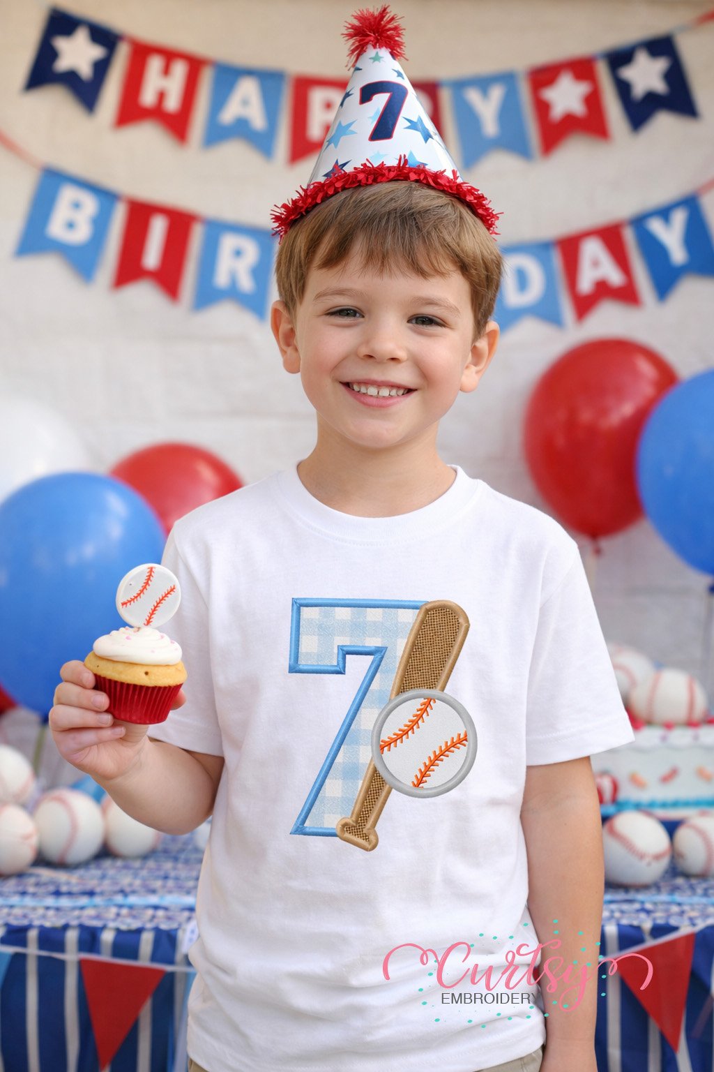 7th Birthday Baseball Bat and Ball Applique Design logo 1