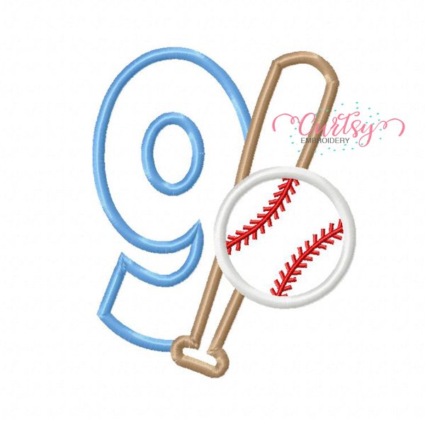 9th Birthday Baseball Bat and Ball Applique Design 9th Birthday Baseball Bat and Ball Applique Design