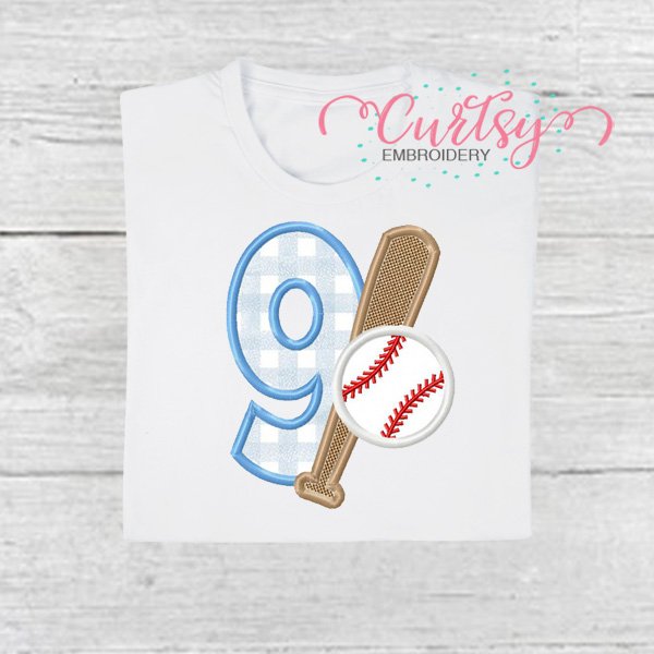 9th Birthday Baseball Bat and Ball Applique Picture 1 9th Birthday Baseball Bat and Ball Applique Picture 1