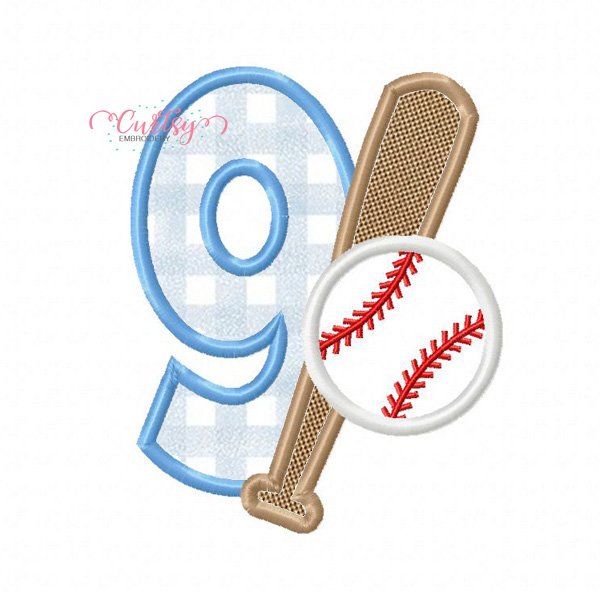 9th Birthday Baseball Bat and Ball Embroidery Design 9th Birthday Baseball Bat and Ball Embroidery Design