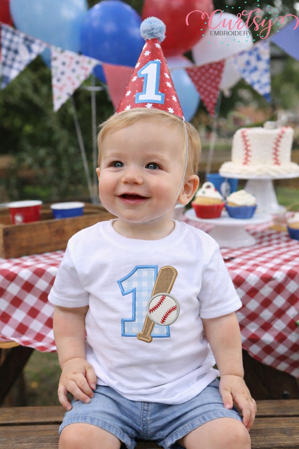 1st Birthday Baseball and Bat Applique Picture lifestyle pic 2