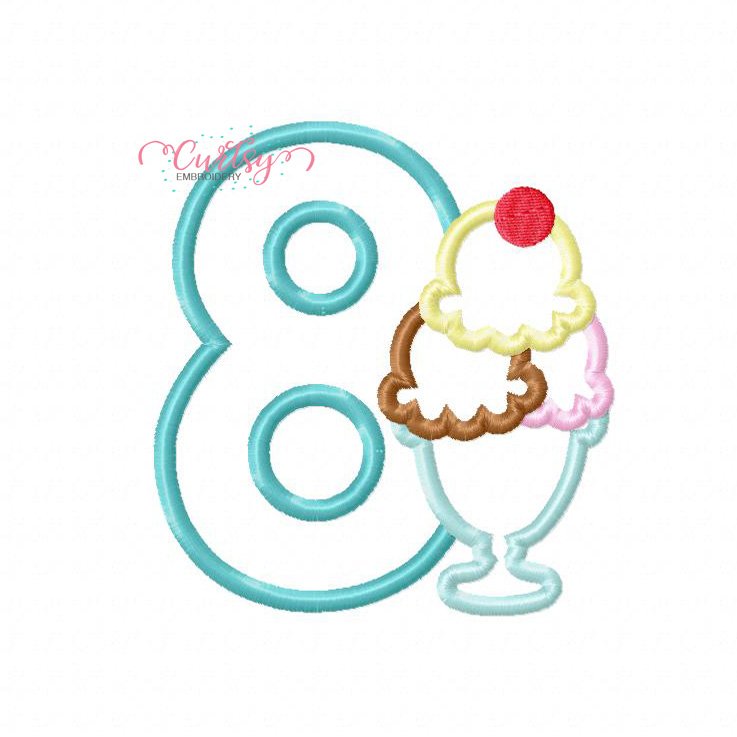 8th Birthday Ice Cream Sundae Applique Design