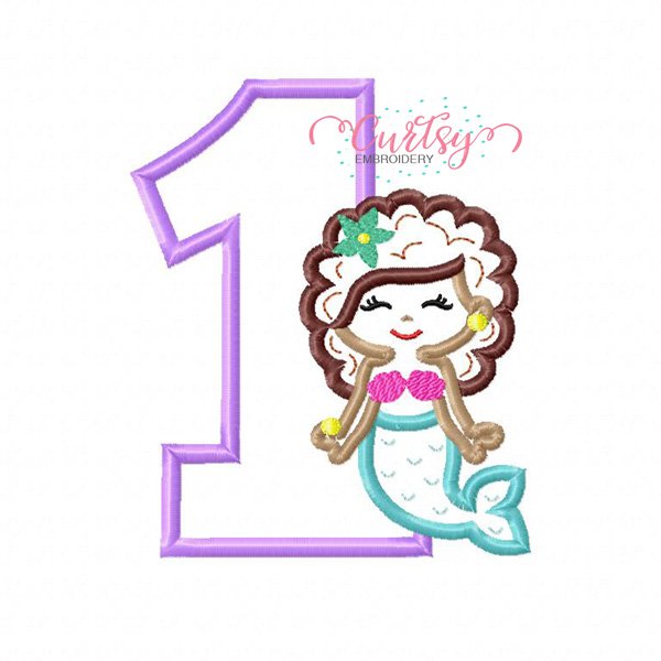 1st Birthday Mermaid with Curly Hair Applique Design 1st Birthday Mermaid with Curly Hair Applique Design