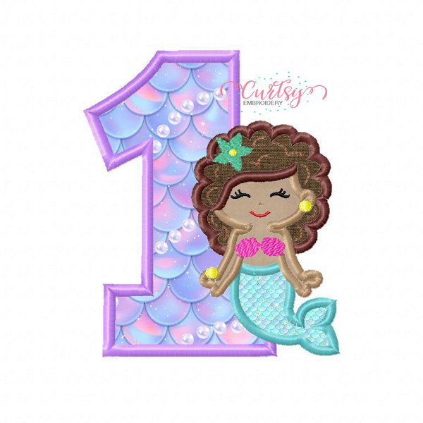 1st Birthday Mermaid with Curly Hair Embroidery Design 1st Birthday Mermaid with Curly Hair Embroidery Design
