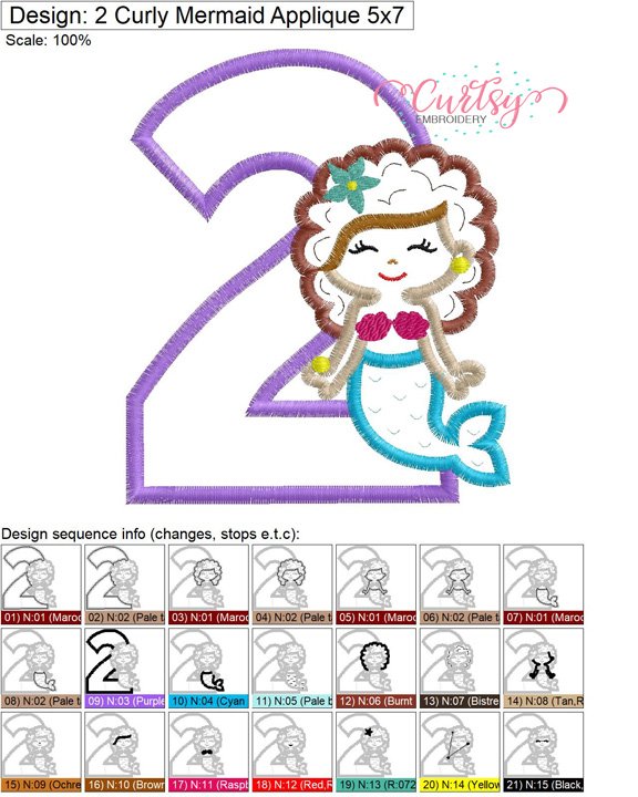 2 Mermaid with Curly Hair Applique MAP 2 Mermaid with Curly Hair Applique MAP