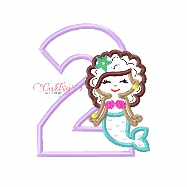 2nd Birthday Mermaid with Curly Hair Applique Design 2nd Birthday Mermaid with Curly Hair Applique Design
