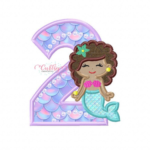 2nd Birthday Mermaid with Curly Hair Embroidery Design 2nd Birthday Mermaid with Curly Hair Embroidery Design