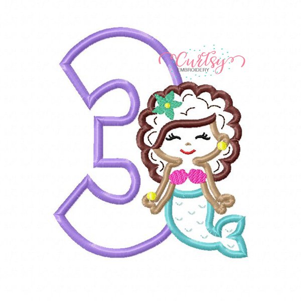 3rd Birthday Mermaid with Curly Hair Applique Design 3rd Birthday Mermaid with Curly Hair Applique Design