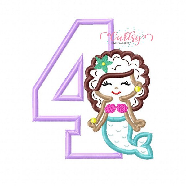 4th Birthday Mermaid with Curly Hair Applique Design 4th Birthday Mermaid with Curly Hair Applique Design