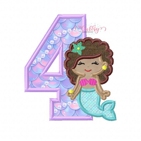 4th Birthday Mermaid with Curly Hair Embroidery Design 4th Birthday Mermaid with Curly Hair Embroidery Design