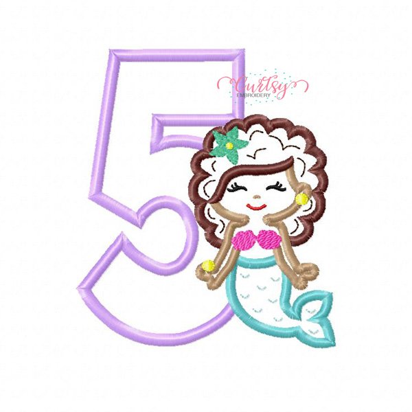 5th Birthday Mermaid with Curly Hair Applique Design
