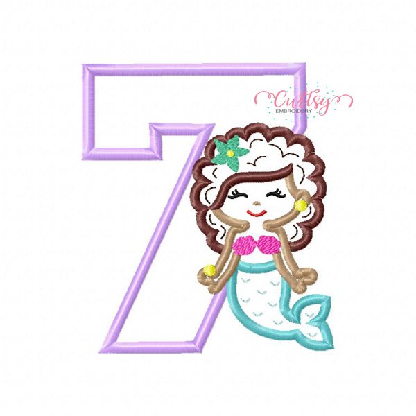 7th Birthday Mermaid with Curly Hair Applique Design 7th Birthday Mermaid with Curly Hair Applique Design