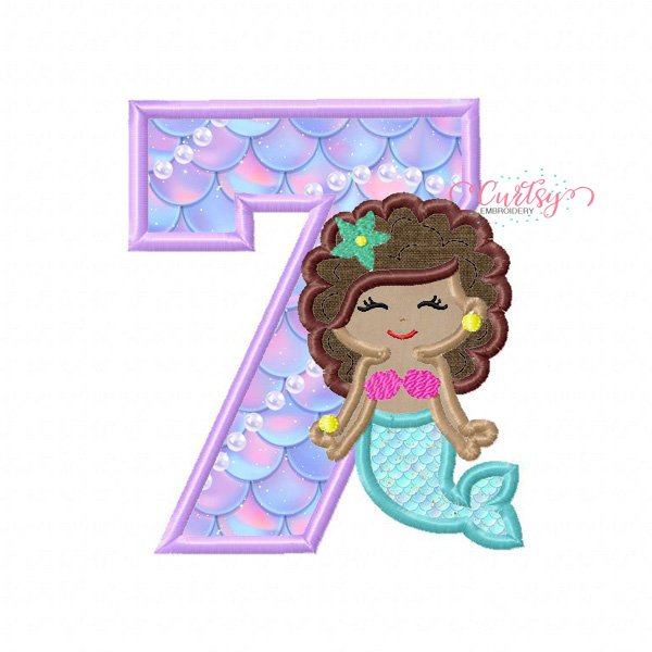 7th Birthday Mermaid with Curly Hair Embroidery Design 7th Birthday Mermaid with Curly Hair Embroidery Design