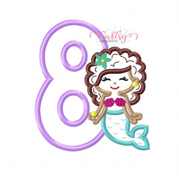 8th Birthday Mermaid with Curly Hair Applique Design 8th Birthday Mermaid with Curly Hair Applique Design