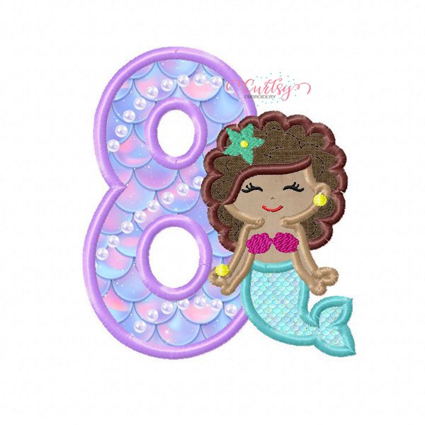 8th Birthday Mermaid with Curly Hair Embroidery Design 8th Birthday Mermaid with Curly Hair Embroidery Design