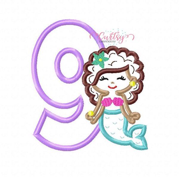 9th Birthday Mermaid with Curly Hair Applique Design 9th Birthday Mermaid with Curly Hair Applique Design