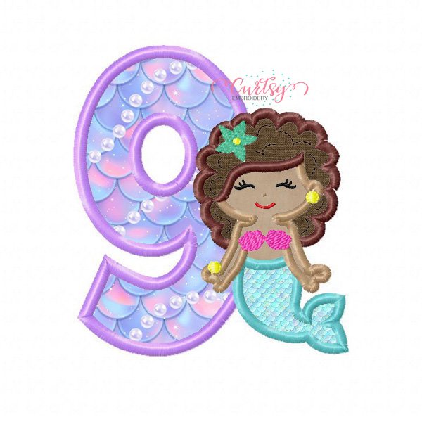 9th Birthday Mermaid with Curly Hair Embroidery Design 9th Birthday Mermaid with Curly Hair Embroidery Design