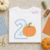 2nd birthday pumpkin applique embroidery design with a blue gingham number two and orange pumpkin.