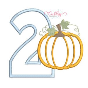 Digital preview of a blue gingham number two beside an orange pumpkin applique.
